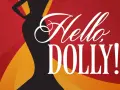 Silhouette d'une femme élégante sur fond rouge et jaune, avec le texte "Hello Dolly!" en blanc. Idéal pour un site WordPress.