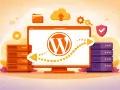 Illustration d'un ordinateur affichant le logo WordPress, entouré de serveurs et d'icônes de cloud, symbolisant la gestion et le **changer thème WordPress**.