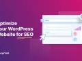 Optimisez votre site WordPress pour le SEO. Graphiques et barre de recherche SEO sur un écran d'ordinateur.