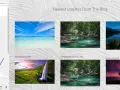 Image de fond WordPress avec des paysages variés : mer turquoise, rivière en forêt, lac au clair de lune, cascade, et arbre au coucher du soleil.
