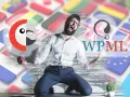 Un homme exulte devant des drapeaux, symbolisant la victoire de WPML sur Polylang pour la traduction de sites web.