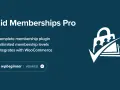 Paid Memberships Pro : plugin complet pour adhésions, niveaux illimités, intégration WooCommerce. Icône de sac avec personnes et coche.