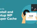 Illustration pour installer et configurer WP Super Cache. Une main tient une carte avec "Install" et une barre de progression.