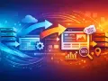 Illustration conceptuelle de migration de site web avec des serveurs, des flèches et des icônes SEO.