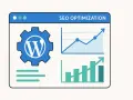 Icône WordPress et graphiques pour l'optimisation SEO. Un tableau de bord montre la croissance des performances.