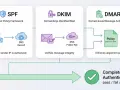 Schéma illustrant SPF, DKIM et DMARC pour l'analyse de l'entête mail. Vérification de l'expéditeur, de l'intégrité et de la politique d'alignement pour une authentification complète.