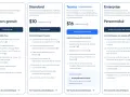 Tableau comparatif des plans de planification de rendez-vous : Free (gratuit), Standard ($10/mois), Teams ($16/mois) et Enterprise (personnalisé). Le plan Free est un logiciel prise de rendez vous gratuit.
