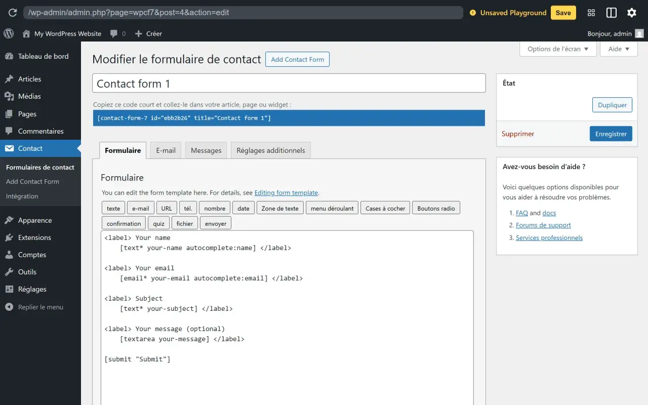 Modification du formulaire de contact 1, un outil de contact form 7, avec des champs pour nom, email, sujet et message.