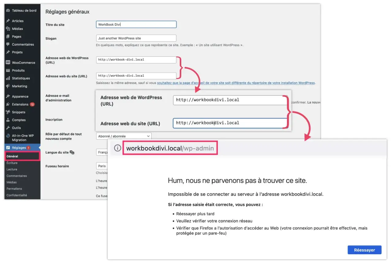 Interface WordPress montrant les réglages généraux pour changer l'URL du site. Une erreur indique que le site n'est pas accessible à l'adresse saisie.