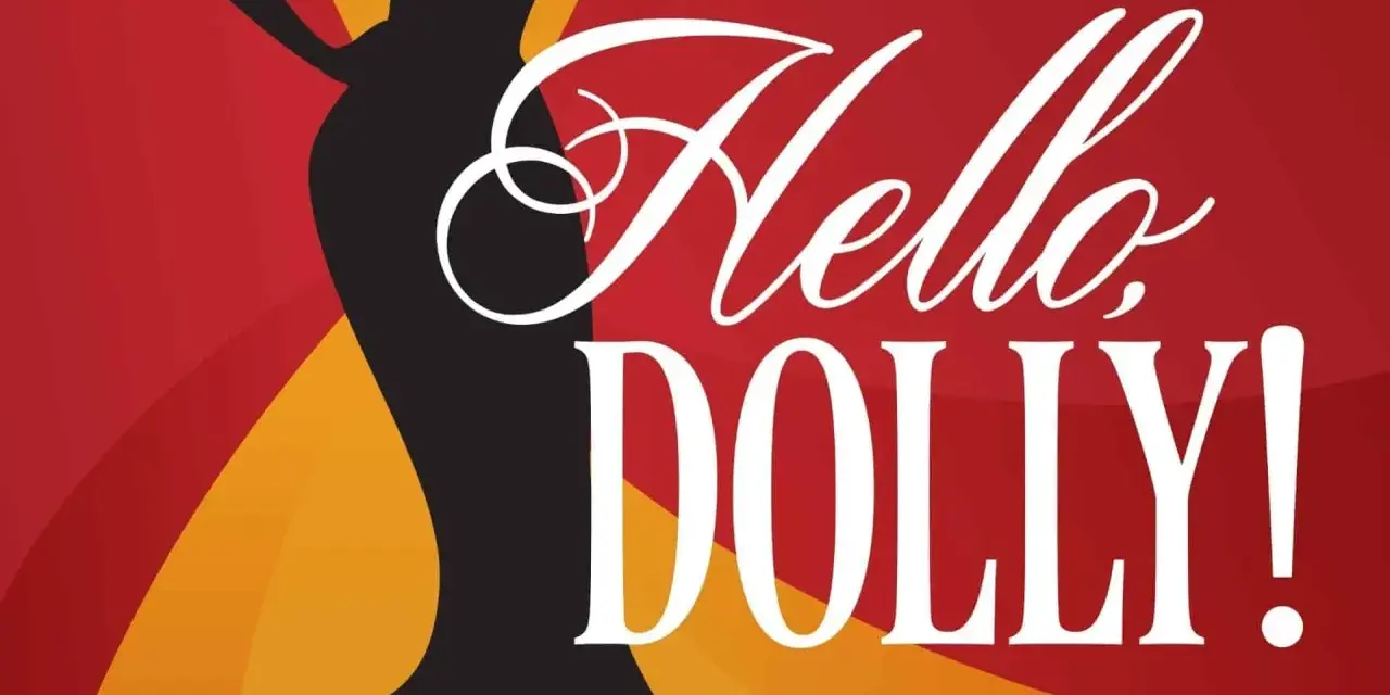 Silhouette d'une femme élégante sur fond rouge et jaune, avec le texte "Hello Dolly!" en blanc. Idéal pour un site WordPress.