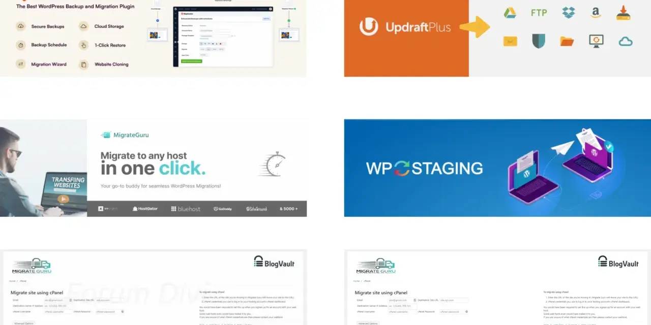 Outils pour copier un site WordPress : Duplicator, UpdraftPlus, MigrateGuru, WP Staging. Migration facile en un clic.