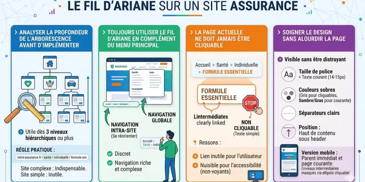 Infographie expliquant le fil d'Ariane sur un site d'assurance : analyse, utilisation, design et règles pratiques.