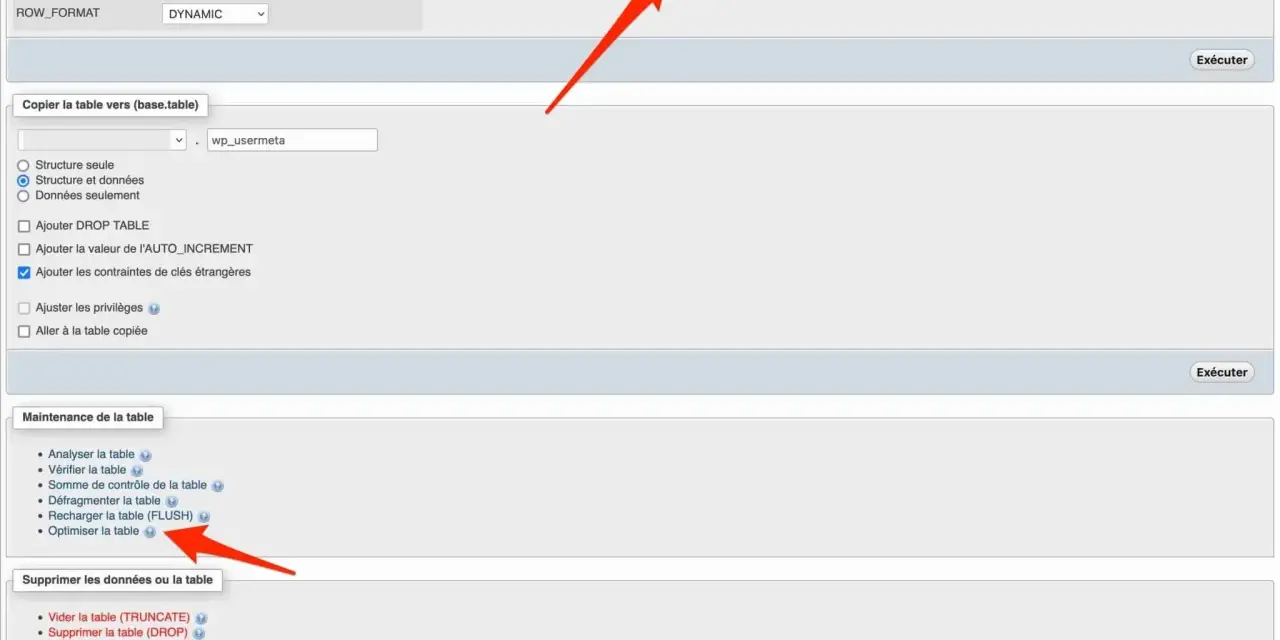 Interface d'administration pour une base de données WordPress, montrant les options d'opérations et de maintenance de table, comme "Optimiser la table".