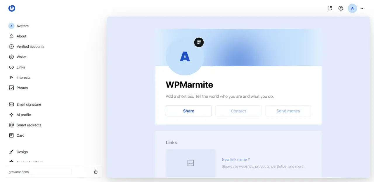 Profil WP Marmite avec un avatar "A". Gravatar, c'est quoi ? Un moyen de gérer votre identité numérique et vos liens.