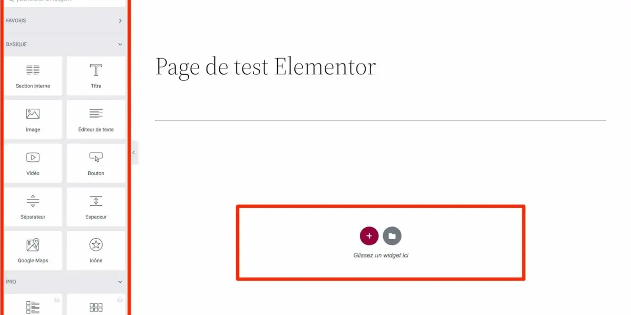 Interface Elementor pour créer une page de test. Le panneau latéral affiche divers éléments de thème, prêts à être glissés.