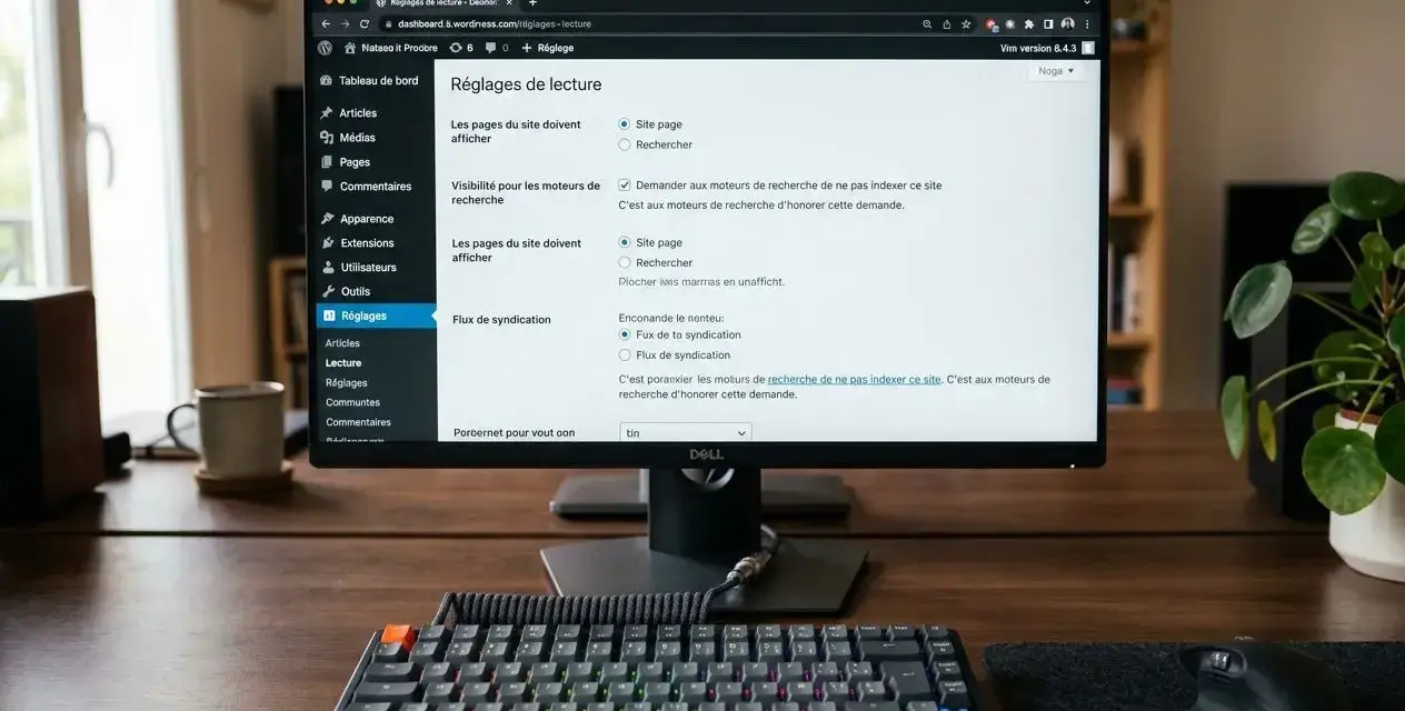 Paramètres de lecture WordPress : cochez "Demander aux moteurs de recherche de ne pas indexer ce site" pour ne pas indexer une page WordPress.