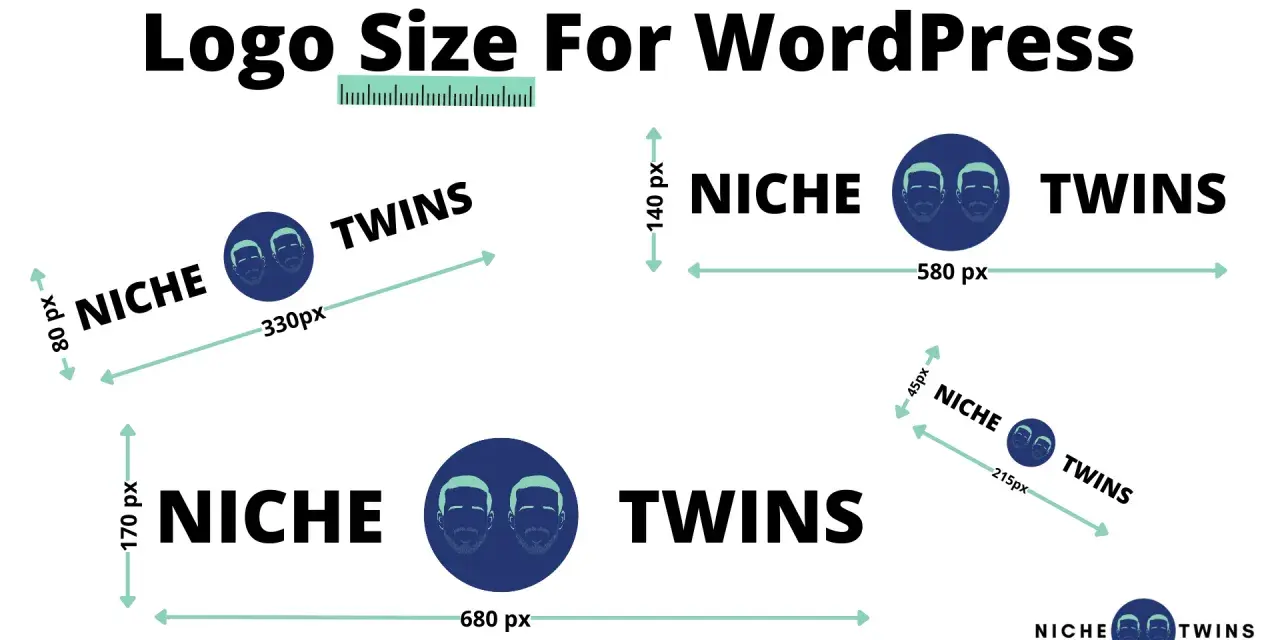 Guide sur la taille logo WordPress : différents formats pour le logo "Niche Twins" avec leurs dimensions en pixels.