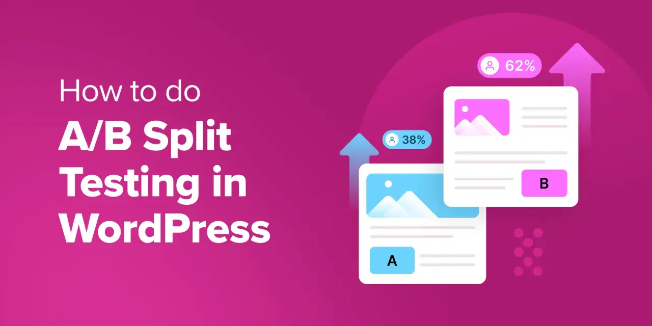Guide pour l'A/B testing sur WordPress. Deux versions de page (A et B) avec des pourcentages de conversion (38% et 62%).
