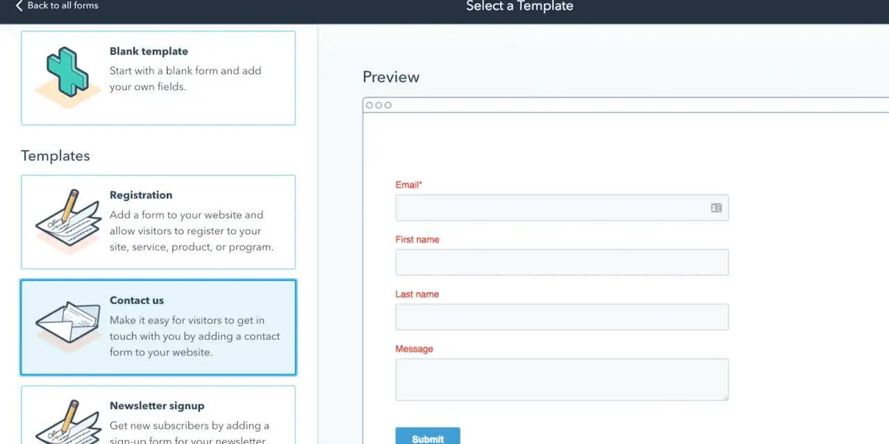 Interface de création de formulaires, offrant des modèles comme "Contact us" ou "Registration", une alternative à Google Forms.