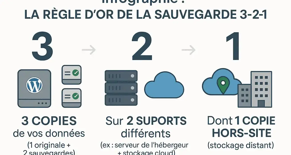 Infographie sur la règle d'or de la sauvegarde 3-2-1 pour WordPress : 3 copies, sur 2 supports différents, dont 1 copie hors-site.