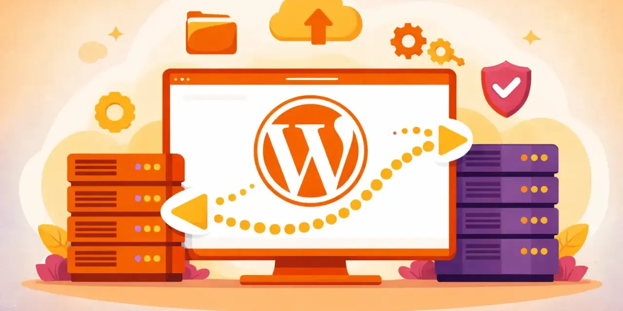 Illustration d'un ordinateur affichant le logo WordPress, entouré de serveurs et d'icônes de cloud, symbolisant la gestion et le **changer thème WordPress**.