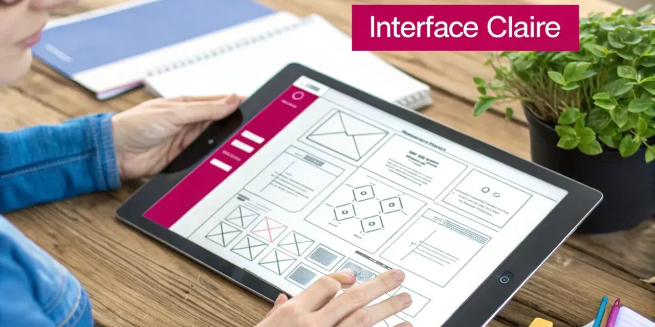 Une personne utilise une tablette pour créer un annuaire en ligne. L'interface affiche des maquettes et des wireframes.