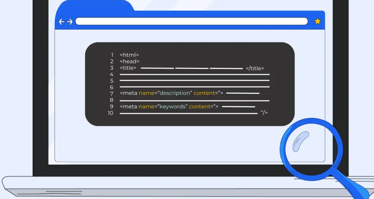 Code HTML montrant les balises de titre et de méta pour le référencement. Optimisez votre titre SEO WordPress.