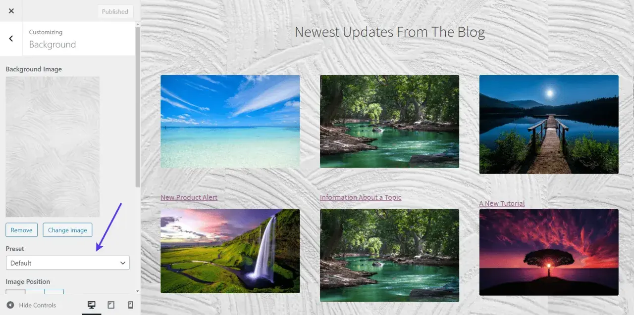 Image de fond WordPress avec des paysages variés : mer turquoise, rivière en forêt, lac au clair de lune, cascade, et arbre au coucher du soleil.