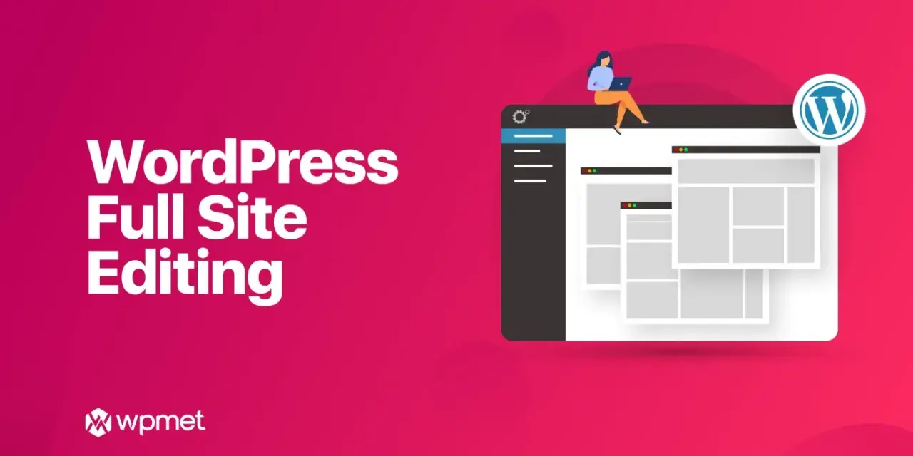 Illustration de la conception de sites web avec WordPress FSE. Une femme utilise un ordinateur portable sur une interface de site web.