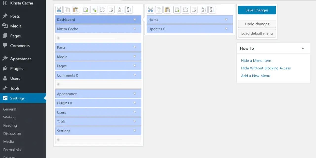Interface de présentation tableau de bord pour l'édition de menus.