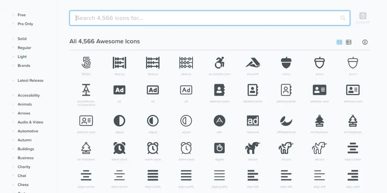 La page web Font Awesome affiche une grille d'icônes, dont des exemples comme "abacus", "acorn" et "alarm-clock", avec une barre de recherche pour trouver des icônes WordPress.