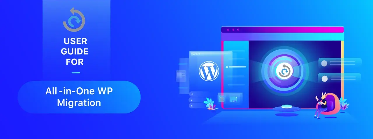 Guide pour la migration WordPress tout-en-un. Illustration abstraite avec le logo WordPress et un symbole de transfert.