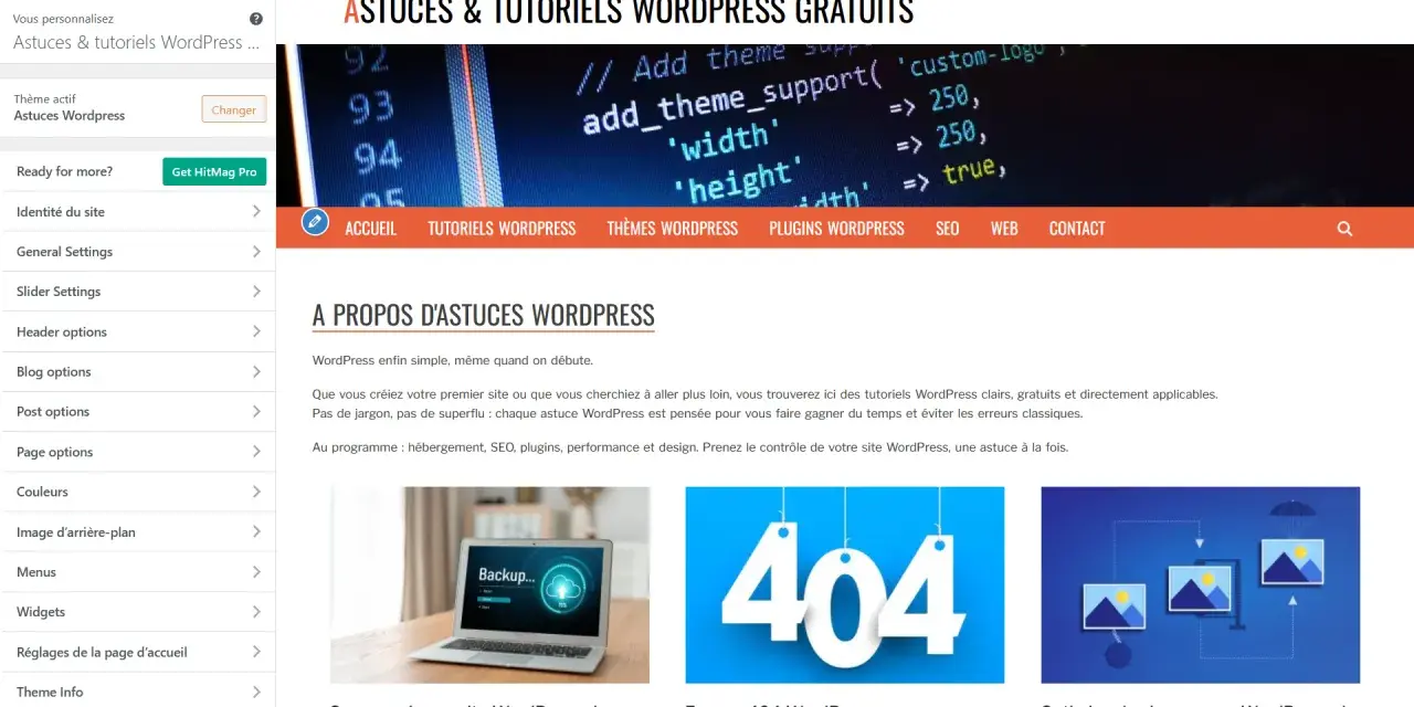 Interface d'un thème site web WordPress avec des tutoriels sur le codage et la gestion de site.