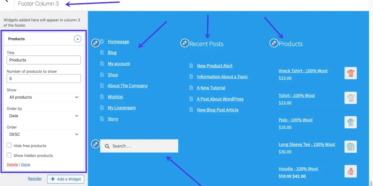 Interface WordPress pour modifier le footer. Colonne 3 du footer affichant des produits.