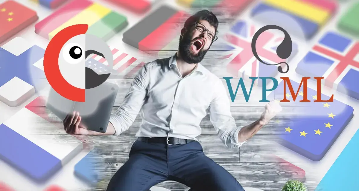 Un homme exulte devant des drapeaux, symbolisant la victoire de WPML sur Polylang pour la traduction de sites web.