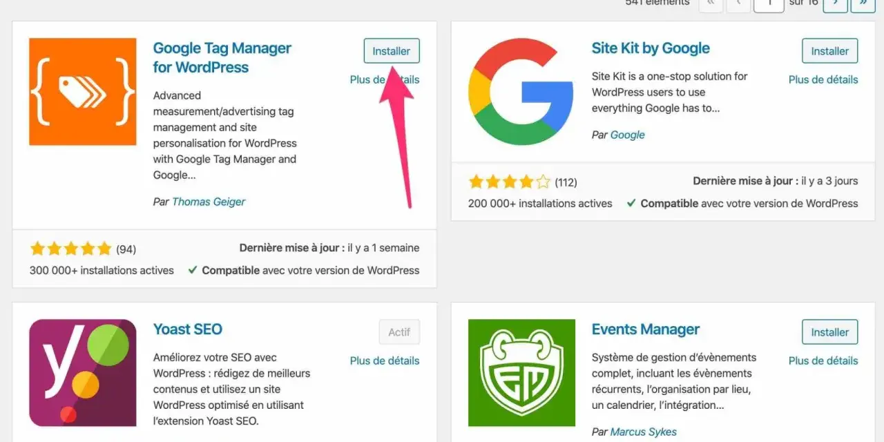Page d'ajout d'extensions WordPress, avec le "knowledge panel Google" pour "Google Tag Manager for WordPress" affiché.