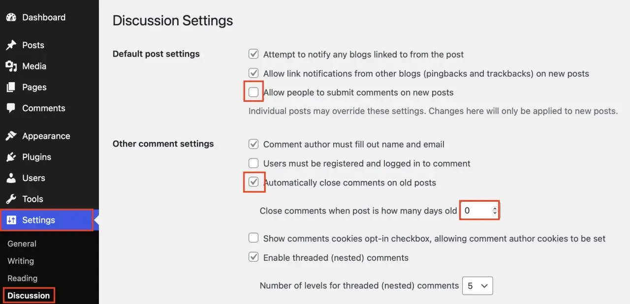 Paramètres de discussion WordPress : désactiver les commentaires en décochant "Autoriser les commentaires sur les nouveaux articles" et en cochant "Fermer automatiquement les commentaires sur les anciens articles".
