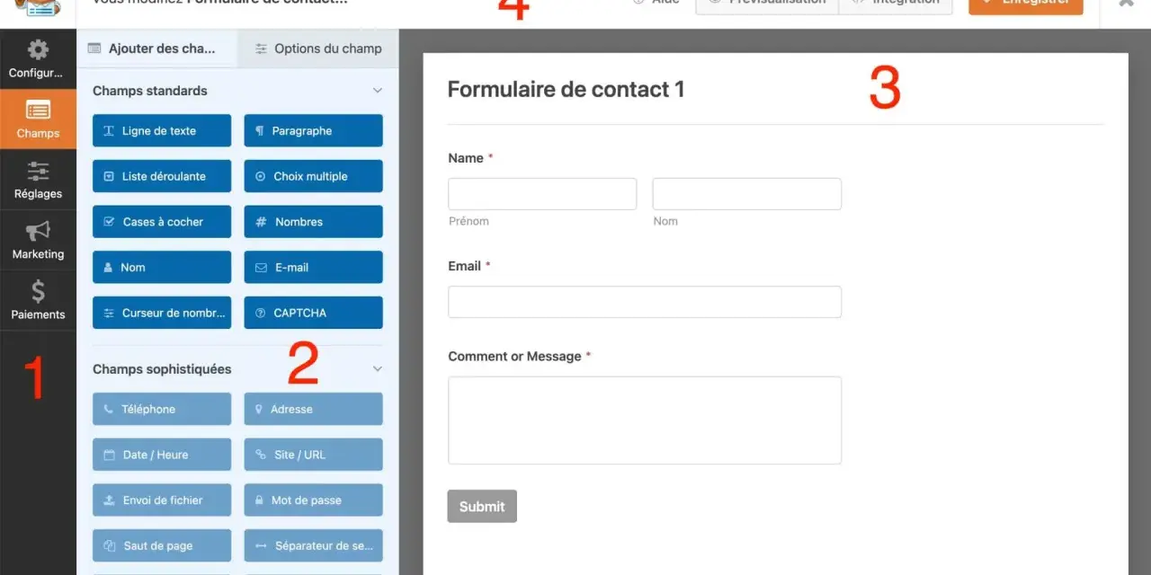 Interface de création d'un formulaire de réservation avec des champs standards et sophistiqués.