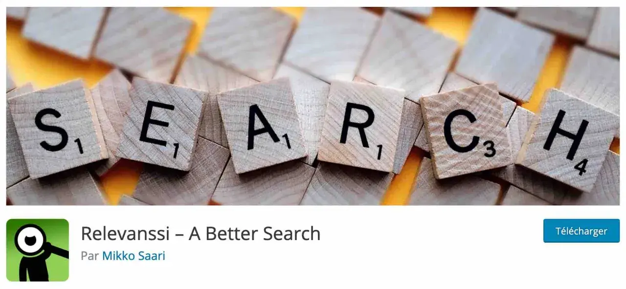 Lettres de Scrabble formant "SEARCH", suggérant une barre de recherche WordPress améliorée.
