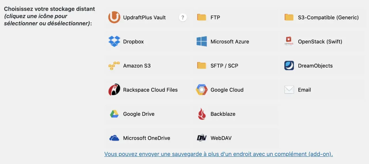Icônes de stockage pour sauvegarde/restauration : UpdraftPlus Vault, Dropbox, Amazon S3, FTP, Microsoft Azure, SFTP/SCP, S3-Compatible, OpenStack, DreamObjects, Rackspace, Google Cloud, Email, Google Drive, Backblaze, OneDrive, WebDAV.