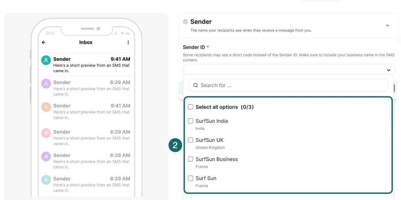 Interface de configuration pour l'envoi de SMS avec Brevo. Choix des expéditeurs pour les messages.