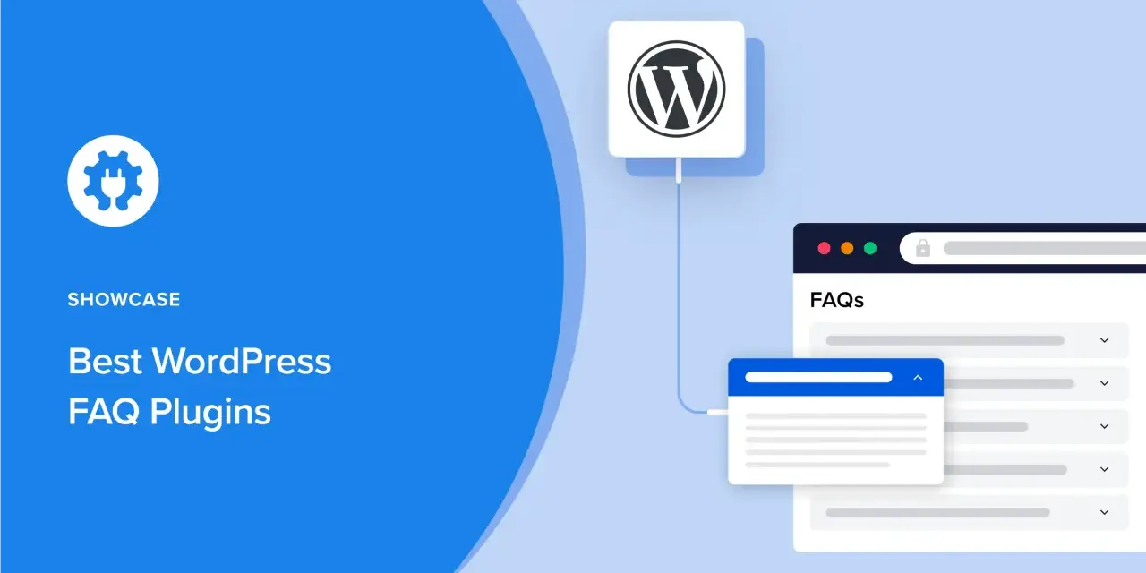 Icône d'engrenage et logo WordPress connectés à une interface web affichant des FAQs. Illustration pour les meilleurs wordpress faq plugin.