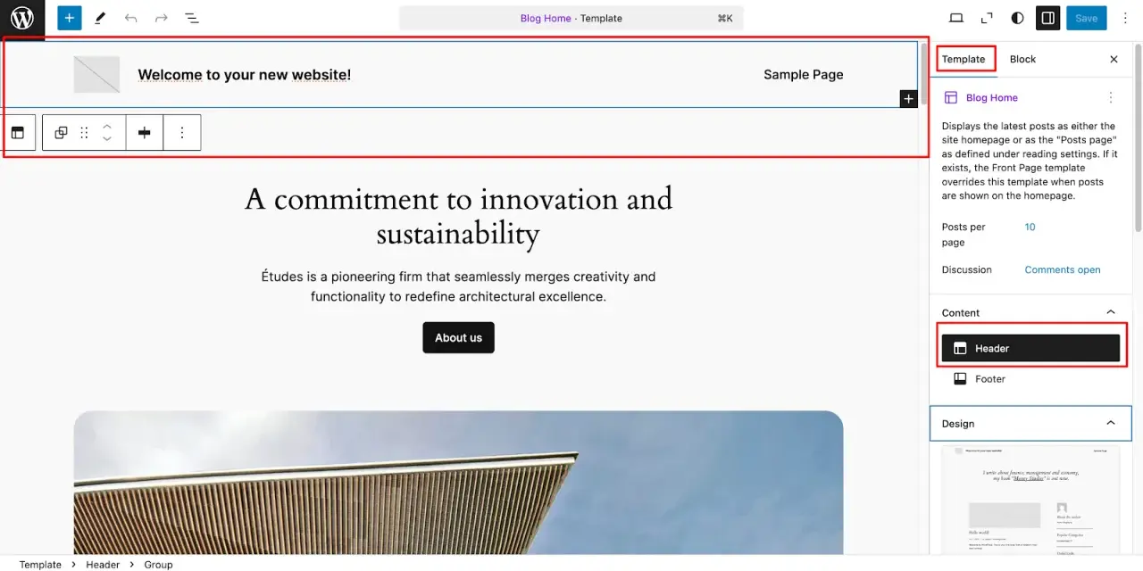 Modification du header WordPress pour un nouveau site web.