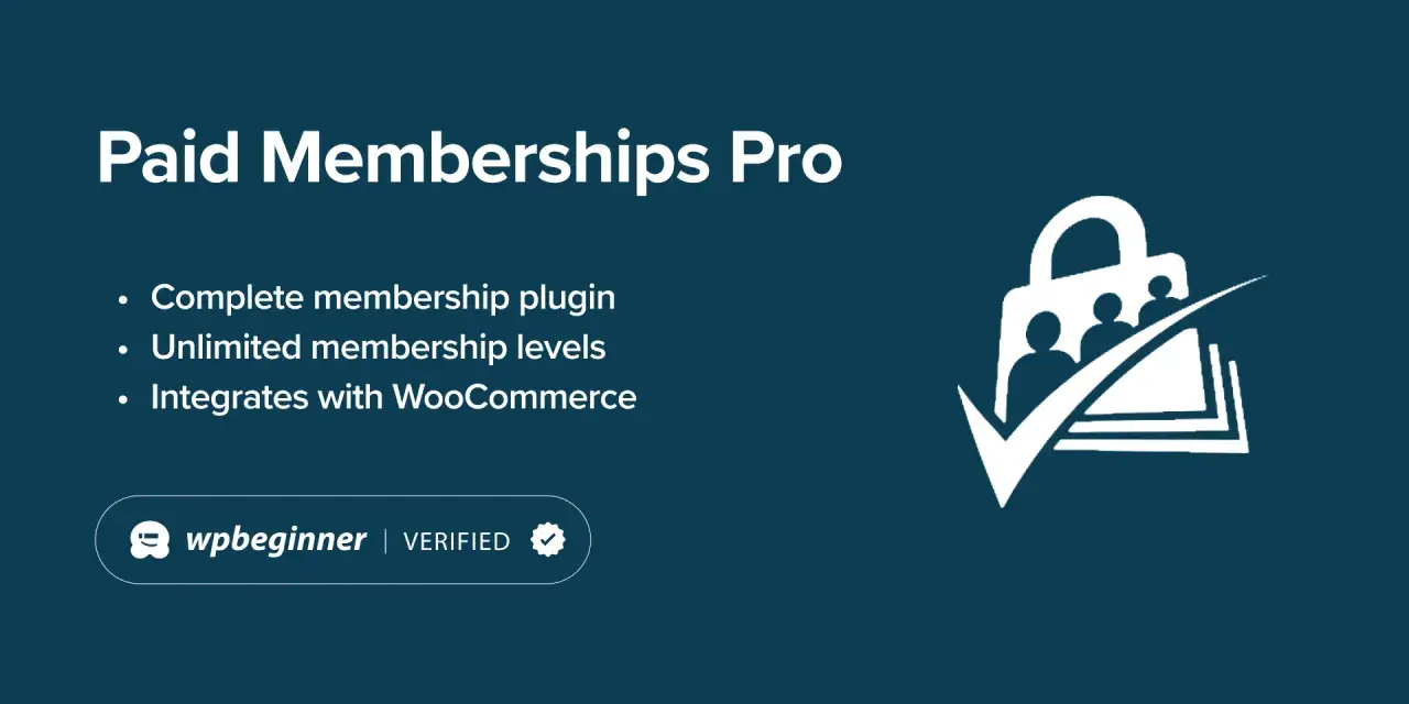 Paid Memberships Pro : plugin complet pour adhésions, niveaux illimités, intégration WooCommerce. Icône de sac avec personnes et coche.