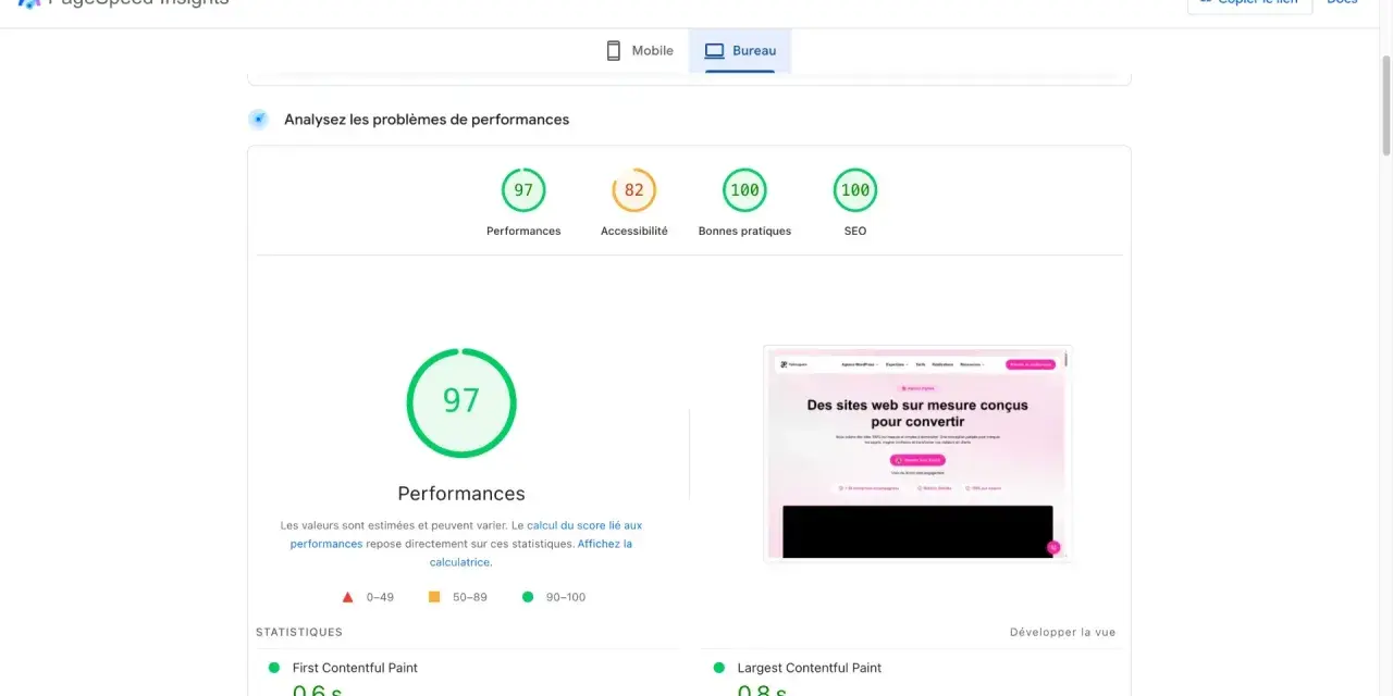 PageSpeed Insights pour bureau montre un score de 97/100 en performances, idéal pour un meilleur site WordPress.