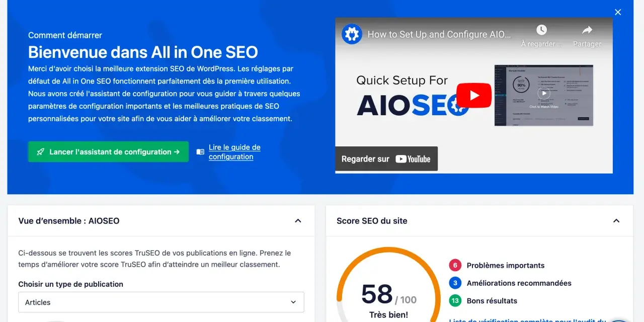 Tableau de bord AIOSEO : lancez l'assistant pour une configuration SEO complète, une alternative à Yoast.