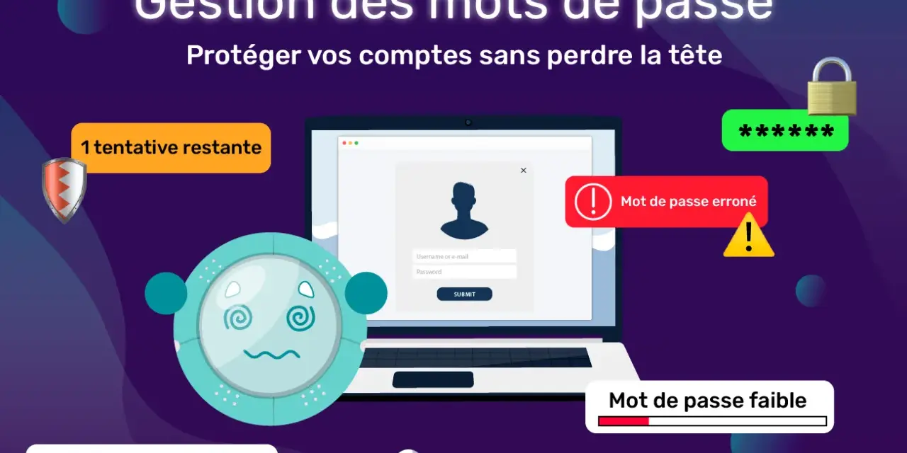 Illustration sur la gestion des mots de passe : tentative restante, mot de passe erroné, mot de passe faible, mot de passe oublié.