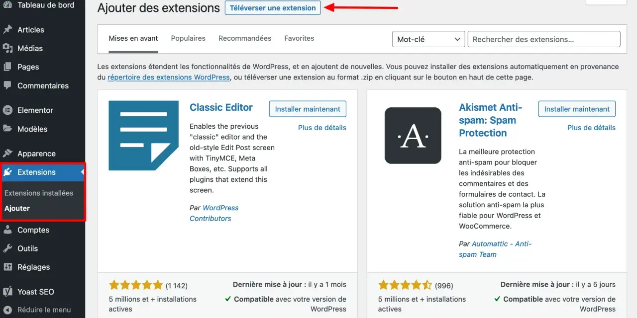 Interface WordPress pour ajouter une extension. On peut y voir le bouton "Téléverser une extension" pour créer un plugin WordPress.