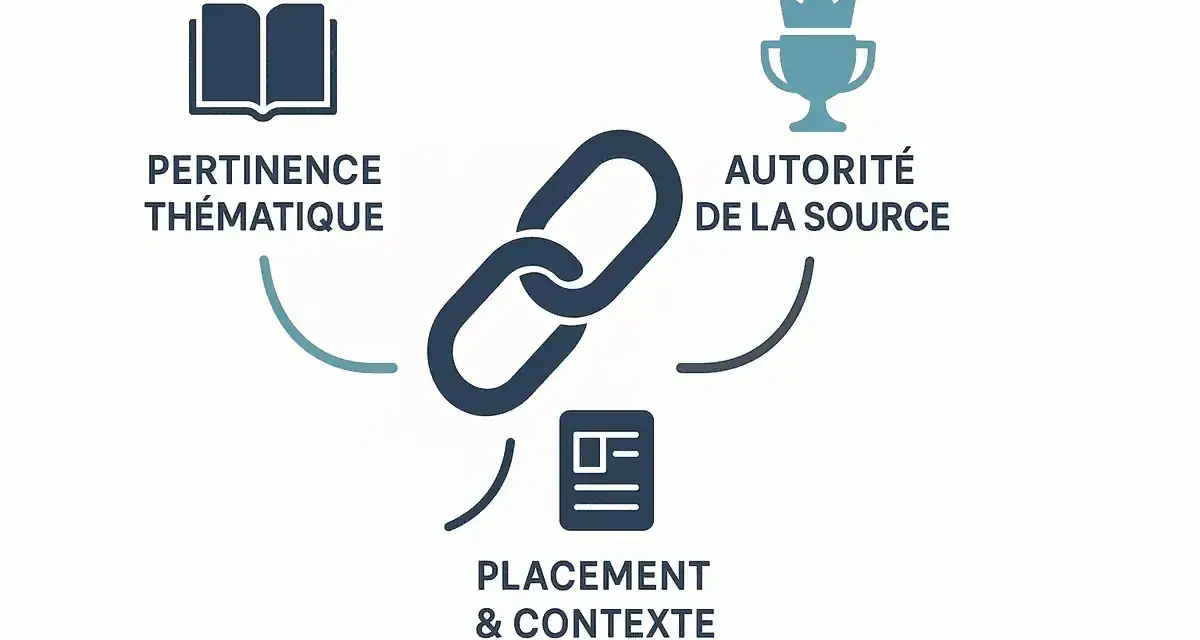 Diagramme illustrant les facteurs clés pour des backlinks gratuits : pertinence thématique, autorité de la source et placement/contexte.