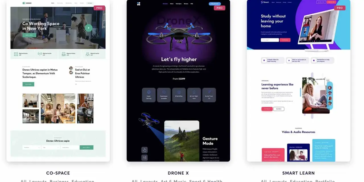 Trois maquettes de sites web : Co-Space (espace de coworking), DroneX (drone) et Smart Learn (formation en ligne). Un générateur de nom de site pourrait proposer ces designs.